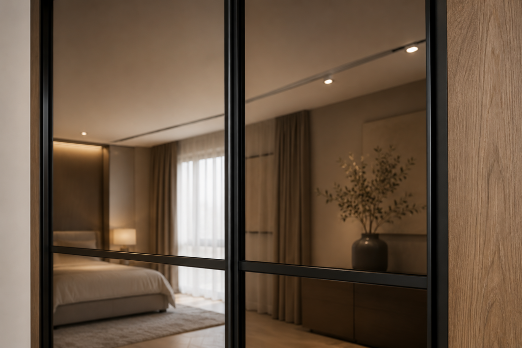 Pronksitoonis peegliga liuguksed modernses magamistoa garderoobis
