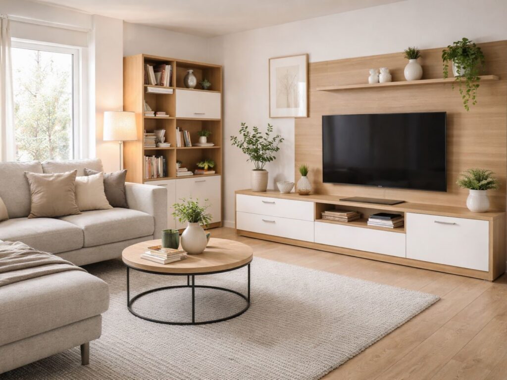 Eritellimusel elutoamööbel naturaalse puidu ja valgete pindadega