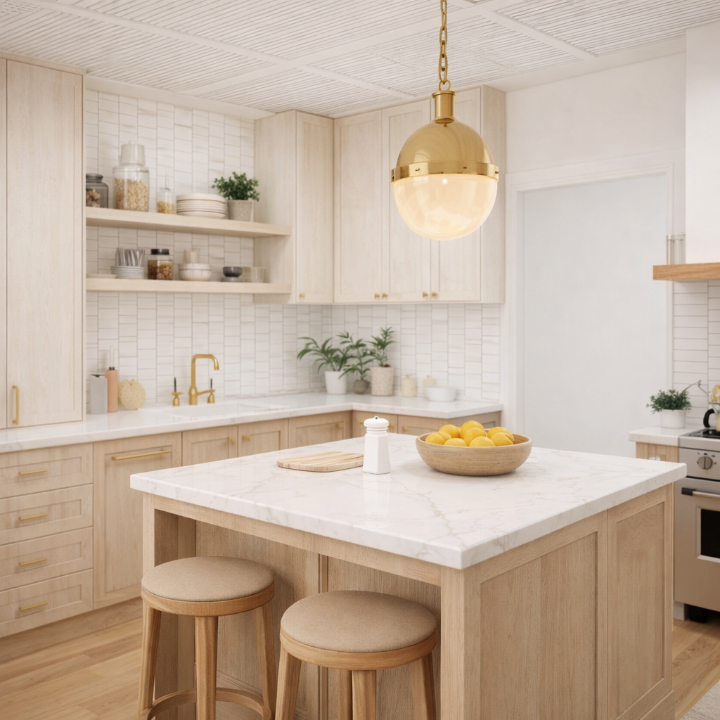 Eritellimus köögimööbel heledast puidust koos köögisaare ja avatud riiulitega