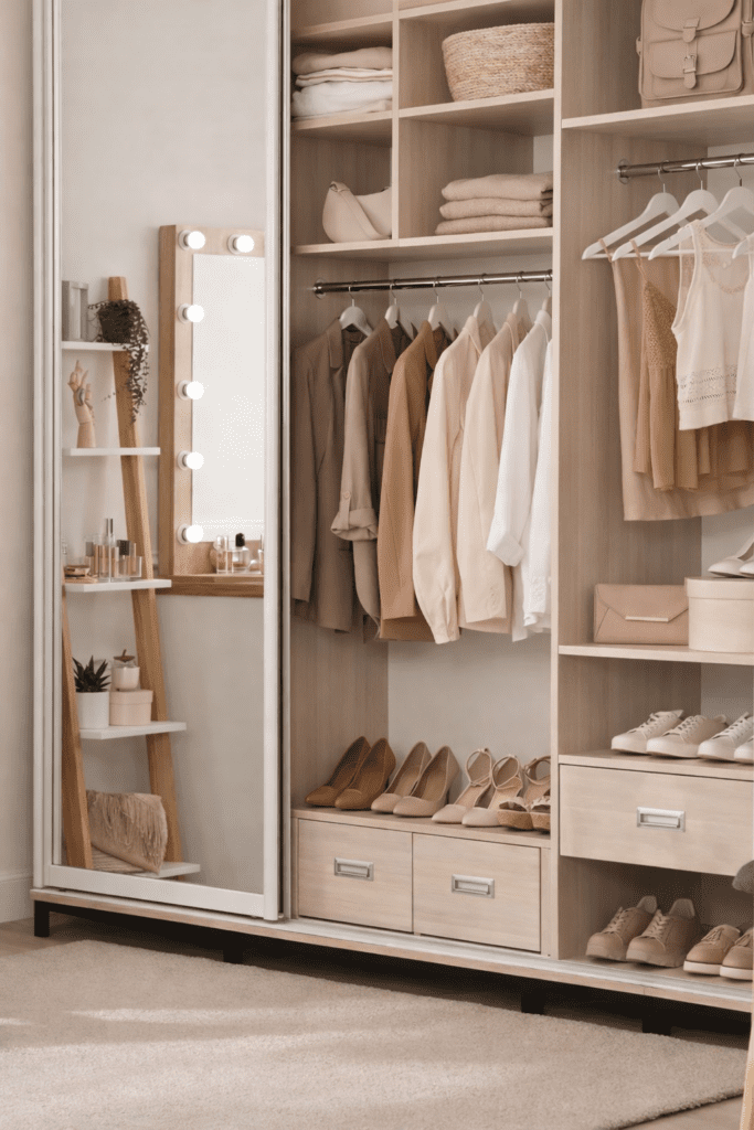 Garderoob liugustega ja peegliga koos riiulite ja sahtlitega