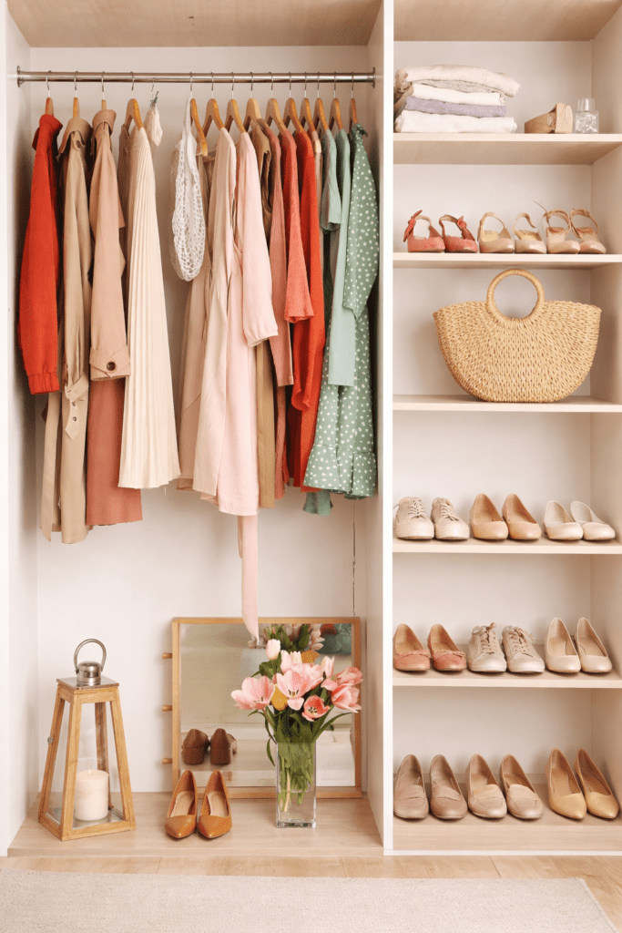 Garderoob riiete ja jalanõude organiseerimiseks avatud riiulite ja riputusaladega