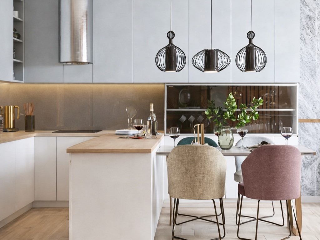 Modernne köögimööbel eritellimusel saare ja integreeritud valgustusega