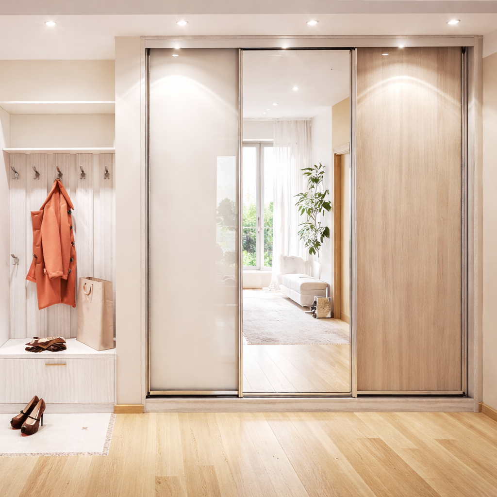 Eritellimusel liuguksed peegli ja puidust viimistlusega garderoobilahenduses esikus