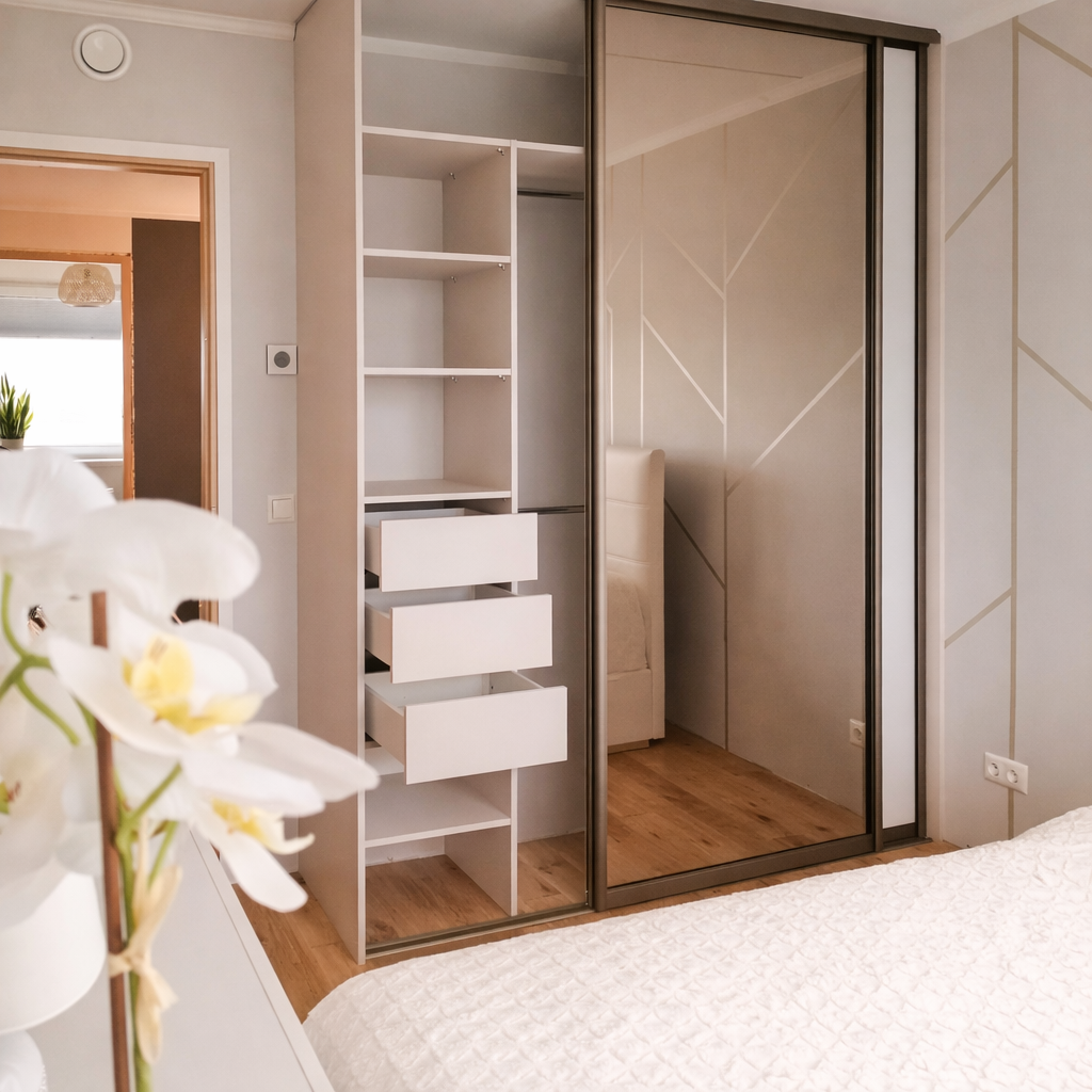 Liugustega garderoob magamistoas peegliga ja sisseehitatud riiulitega