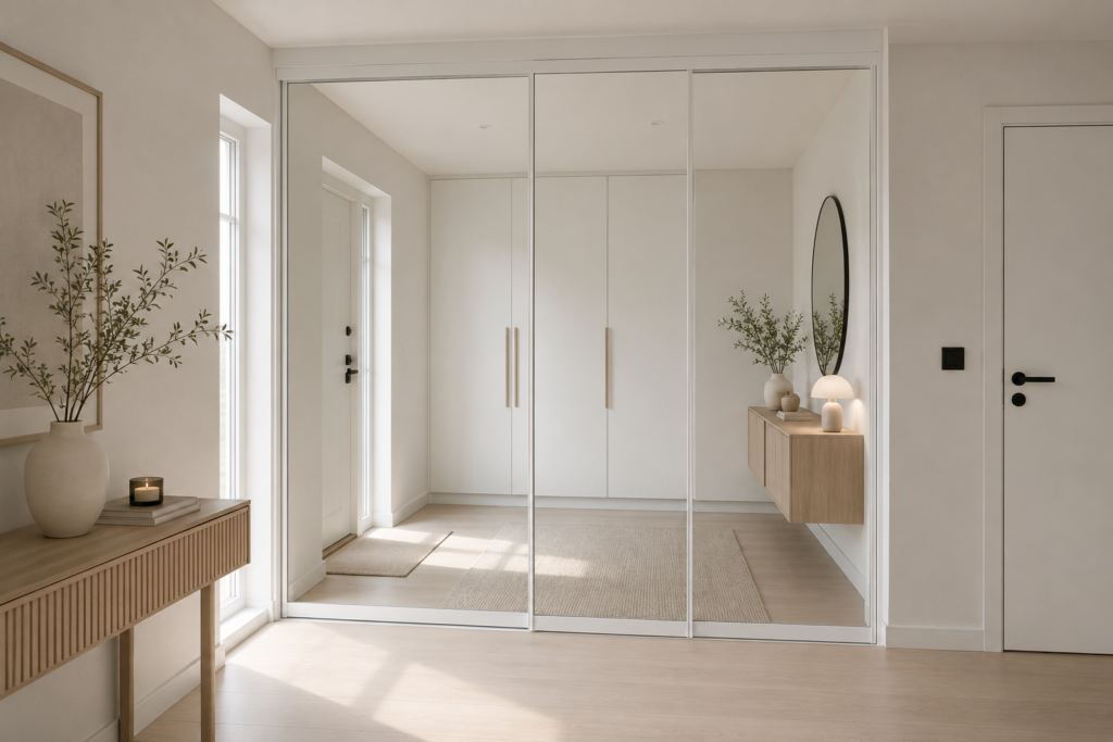 Kirka peegliga liuguksed heledas minimalistlikus ja valgusküllases modernses interjööris.