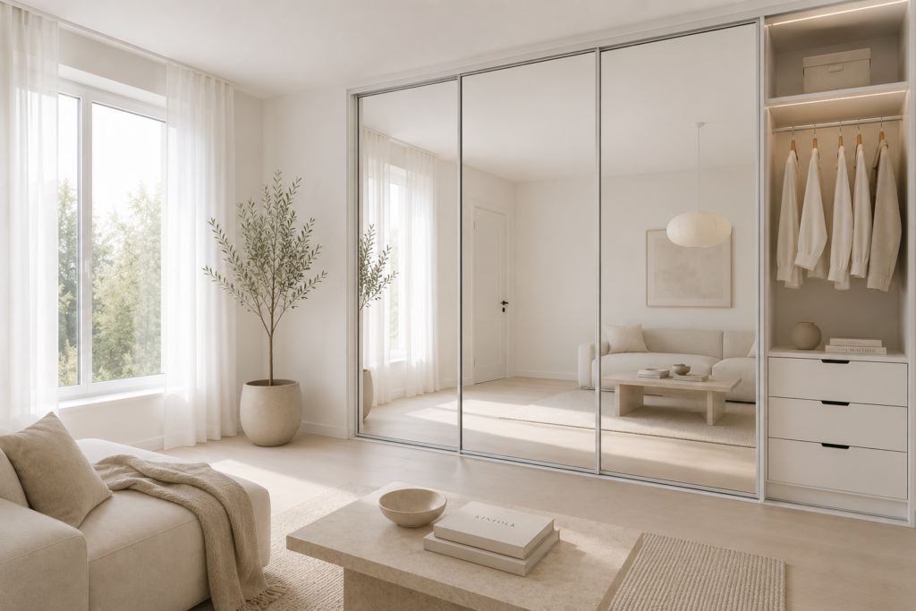 Kirka peegliga liuguksed heledas minimalistlikus ja modernses interjööris.