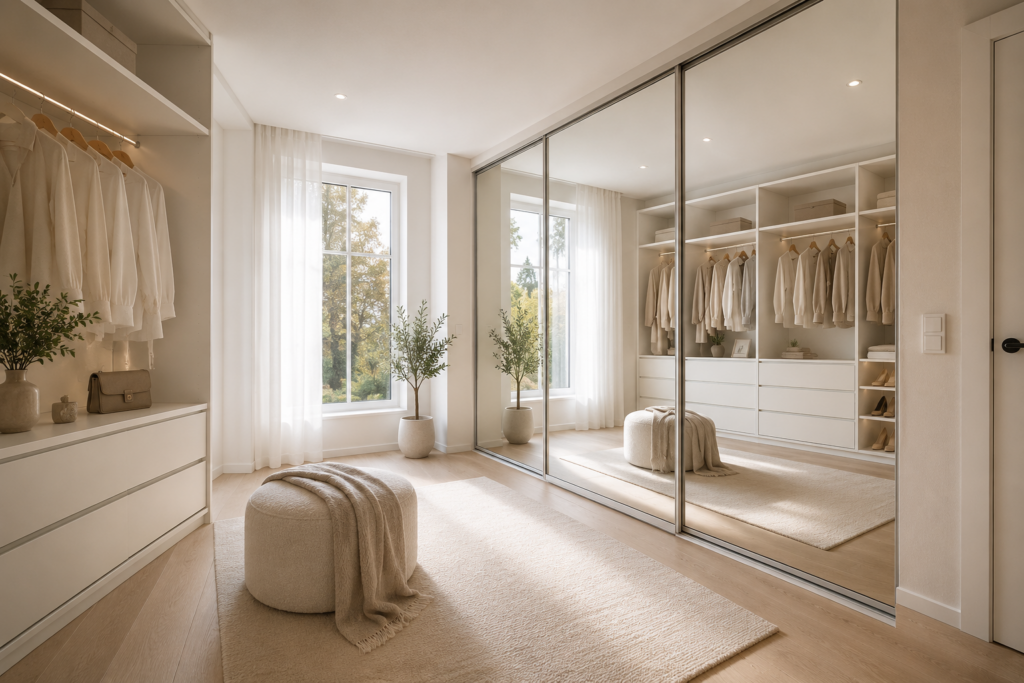 Kirka peegliga liuguksed modernses heledas garderoobis minimalistliku interjööriga.