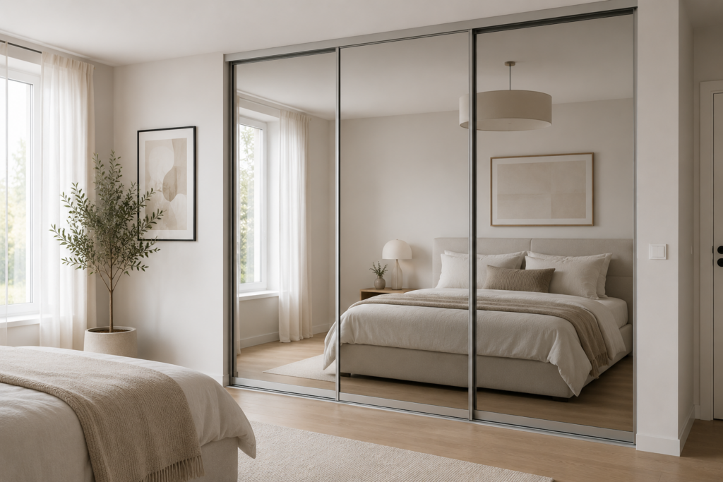 Heleda peegliga liuguksed modernses ja minimalistlikus magamistoas.