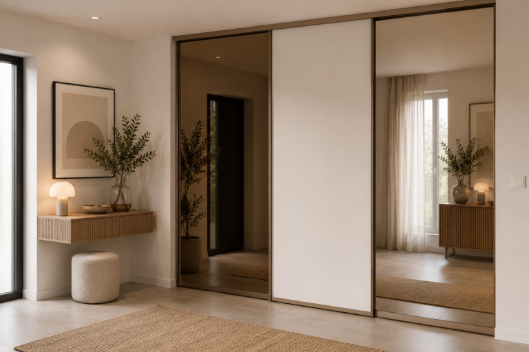 Peegliga liuguksed modernses esikus – pronkspeegel, valge vahepaneel ja kirgas peegel elegantses eritellimusmööbli lahenduses.