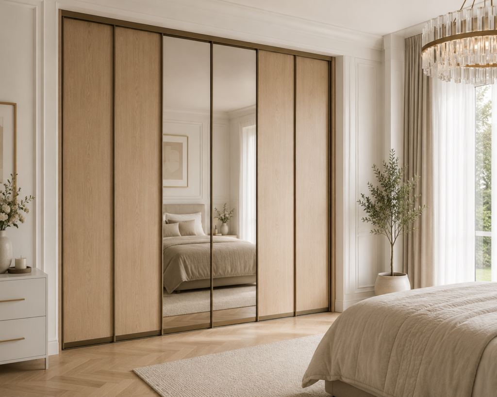 Valgusküllane elegantne magamistuba vertikaalsete jaotustega liugustega, kombineerides heledat tammedekoori ja peegelpindu minimalistlikus interjööris